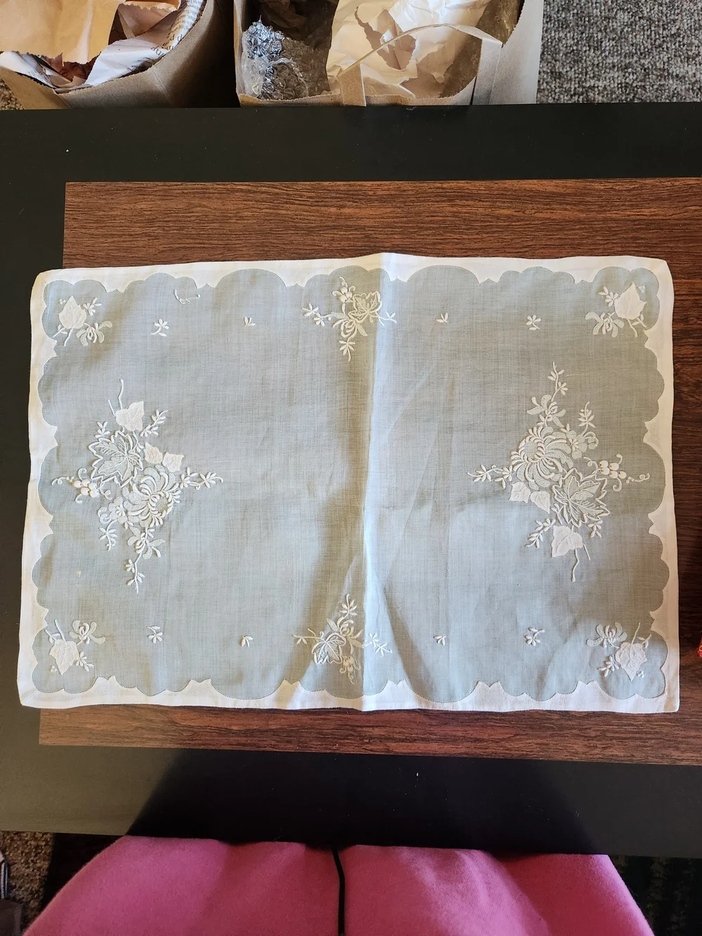 Teal Green Embroidered Floral Linen Placemats & Napkins, Set Of 8